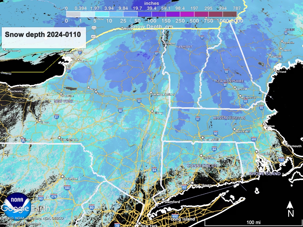 Map of northeast US with overlay of snow depth as of 1/10/2024, color-coded by depth of snow. Source: National Weather Service.