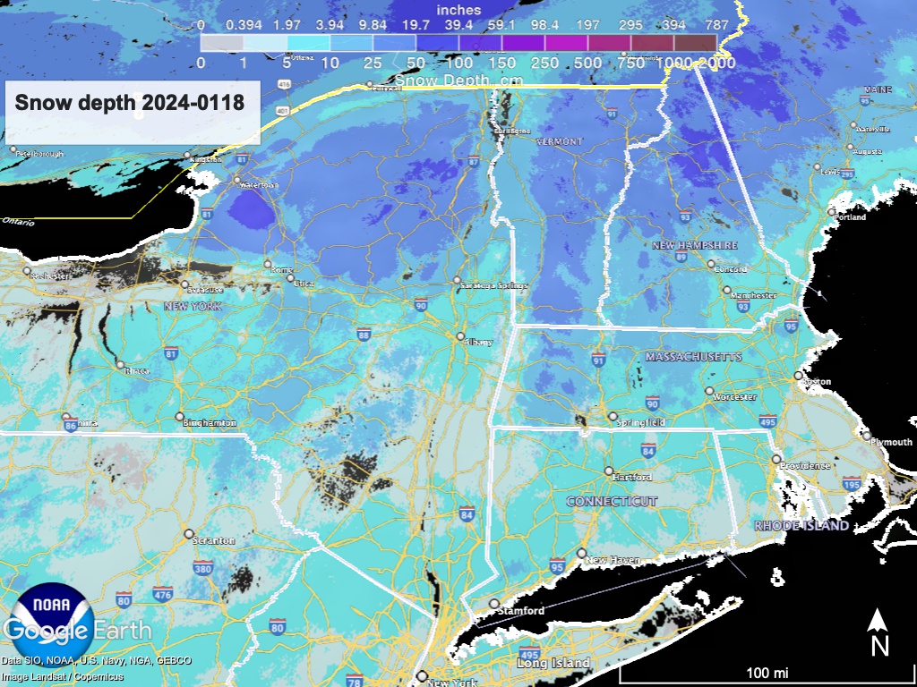 Google Earth image of northeast US, with color-coded overlay of snow depth from NWS data.