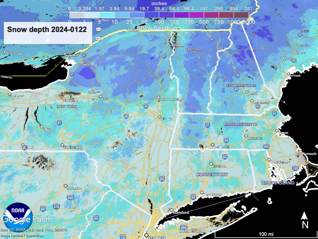 Google Earth view of northeast US, with color-coded overlay of snow depth from NWS data.