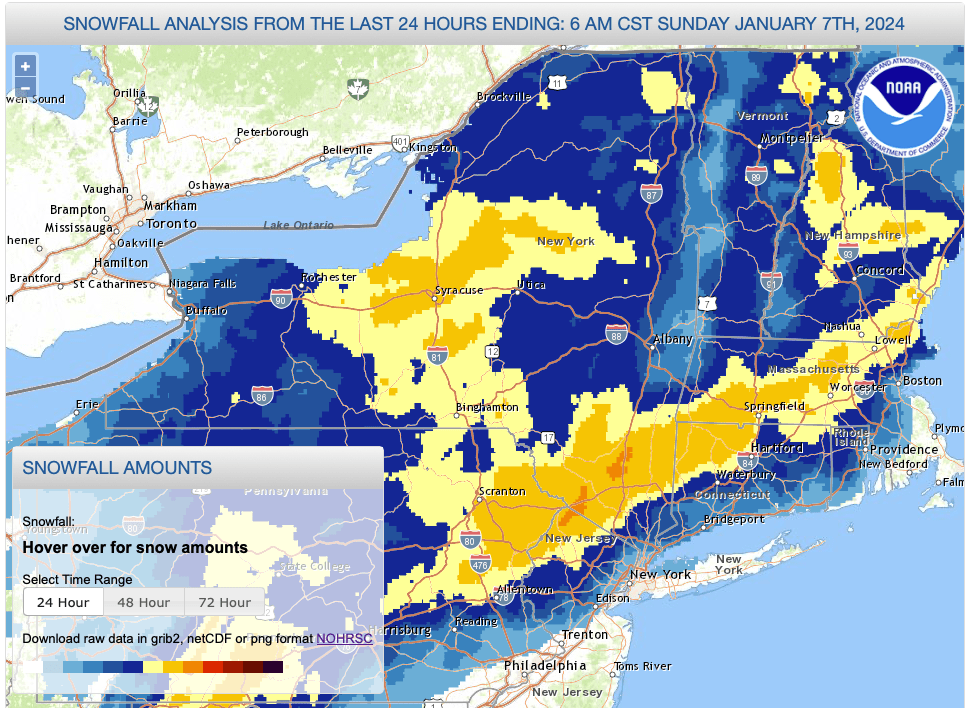 Graphic map of snowfall amounts across a map of northeast US, color-coded for depth as of 6am CST Jan. 7 2024.