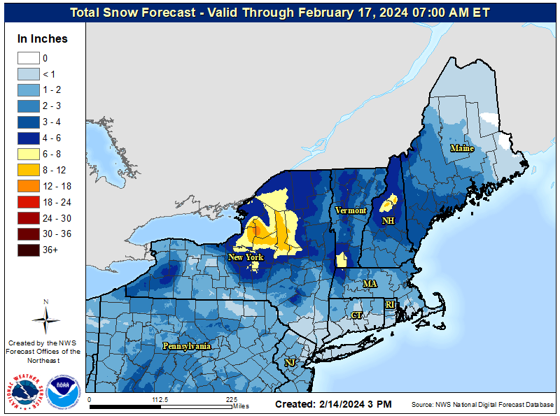 Map of northeast US with color-coded overlay of forecast snowfall from today through Feb. 17 2024.