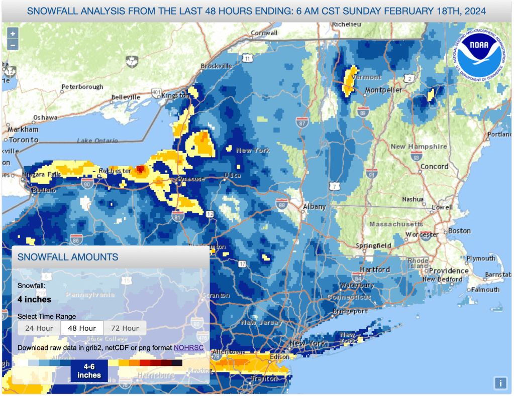 Map of northeast US with color-coded overlay showing measured snowfall during Feb. 13 2024. (NWS)