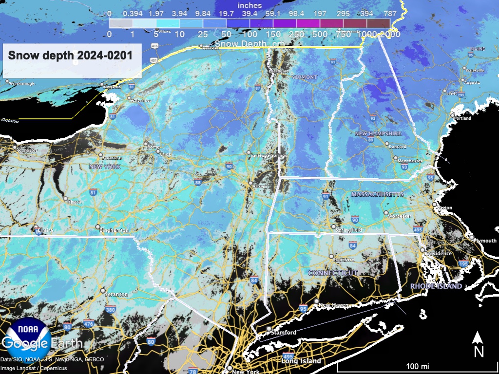 Satellite image of northeast US , with overlay of state boundaries and color-coded regions indicating snow depth. 
