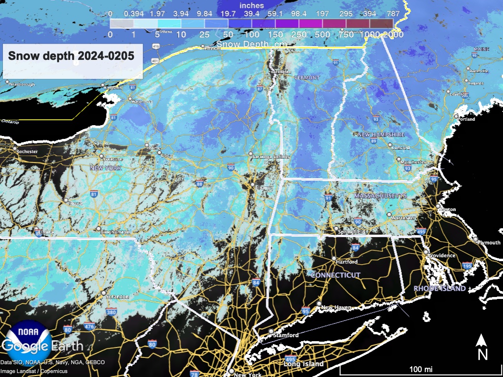 Map of northeast US, with color-coded overlay showing snow depth across the region (NWS data visualized in Google Earth)