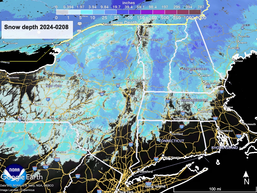 Map of northeast US, with color-coded overlay showing snow depth across the region (NWS data visualized in Google Earth)