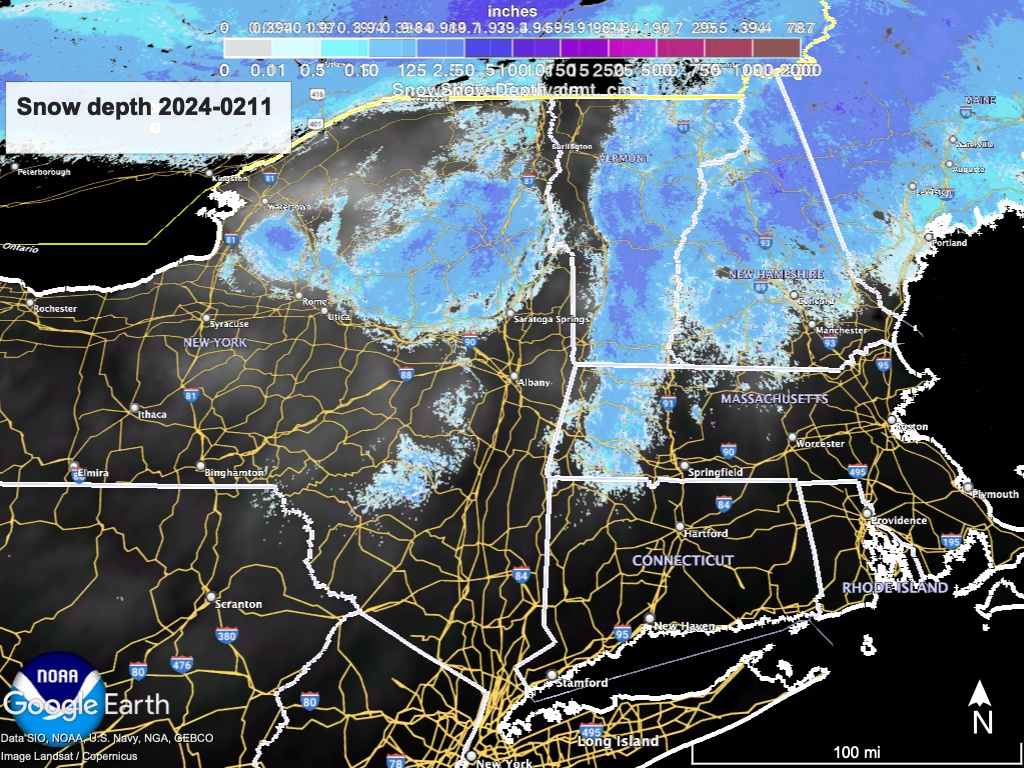 NOHRSC snow depth data visualized in Google Earth view view of northeast US.