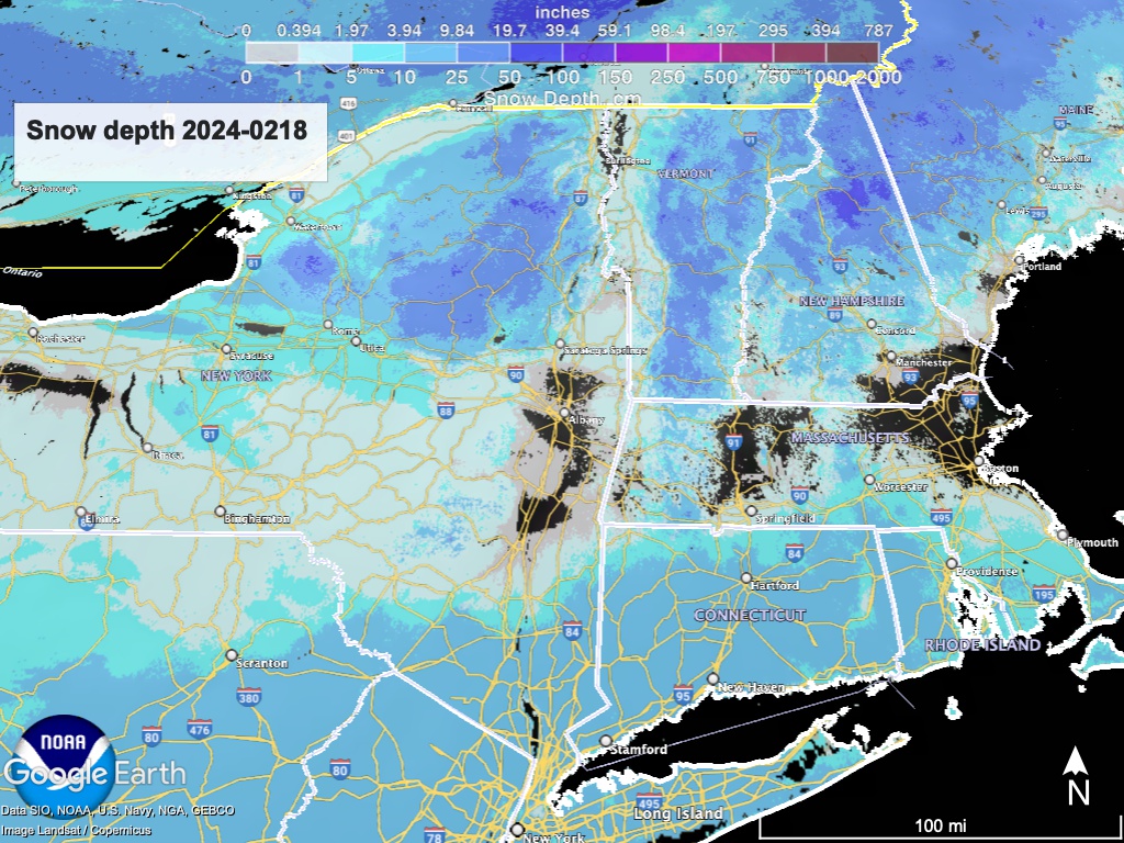 Snow depth for northeast US, visualized from NWS data in Google Earth.