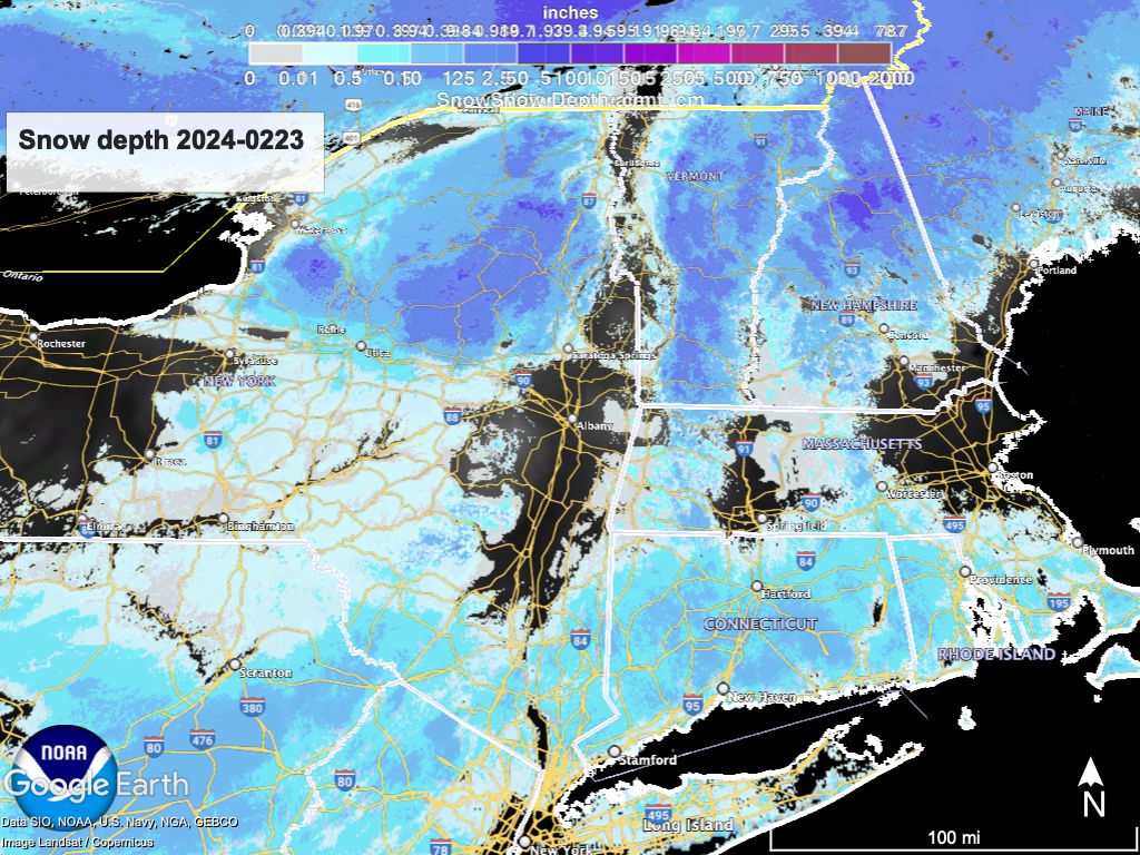 Snow depth for northeast US, visualized from NWS data in Google Earth.
