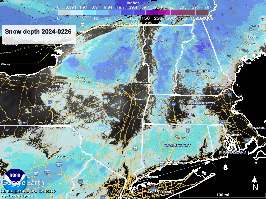 Snow depth for northeast US, visualized from NWS data in Google Earth.