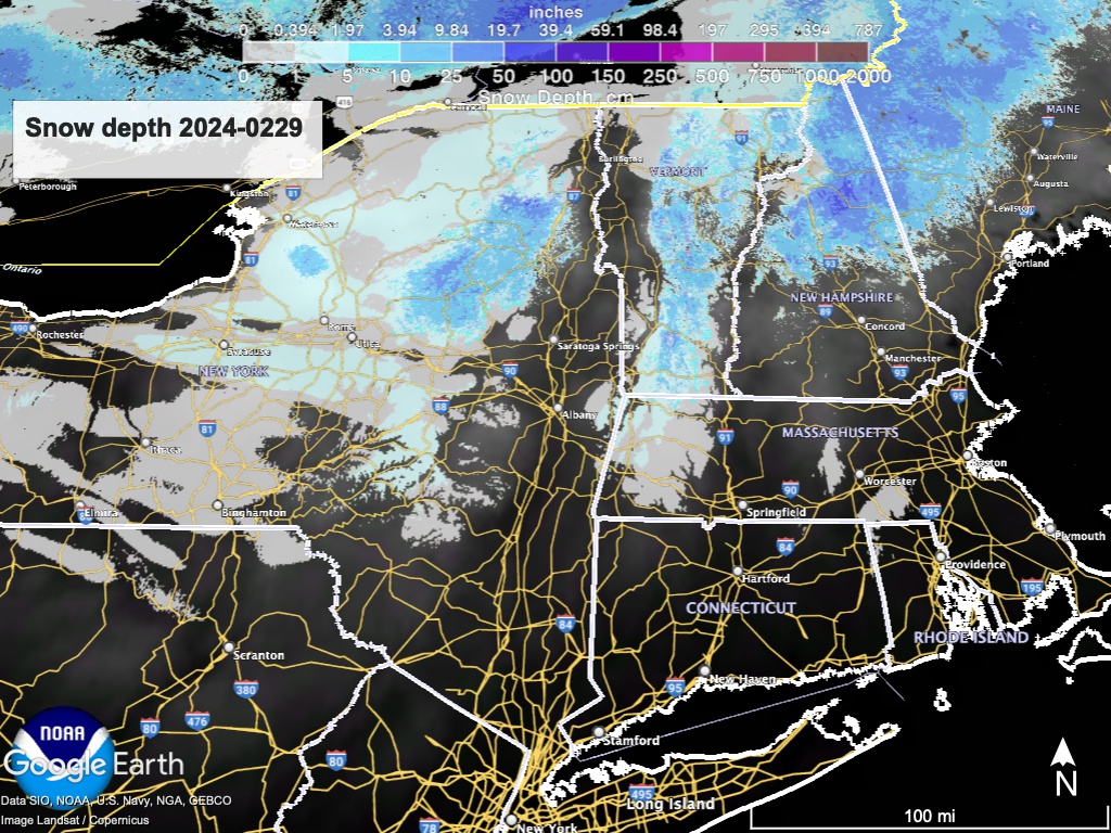Snow depth for northeast US, visualized from NWS data in Google Earth.