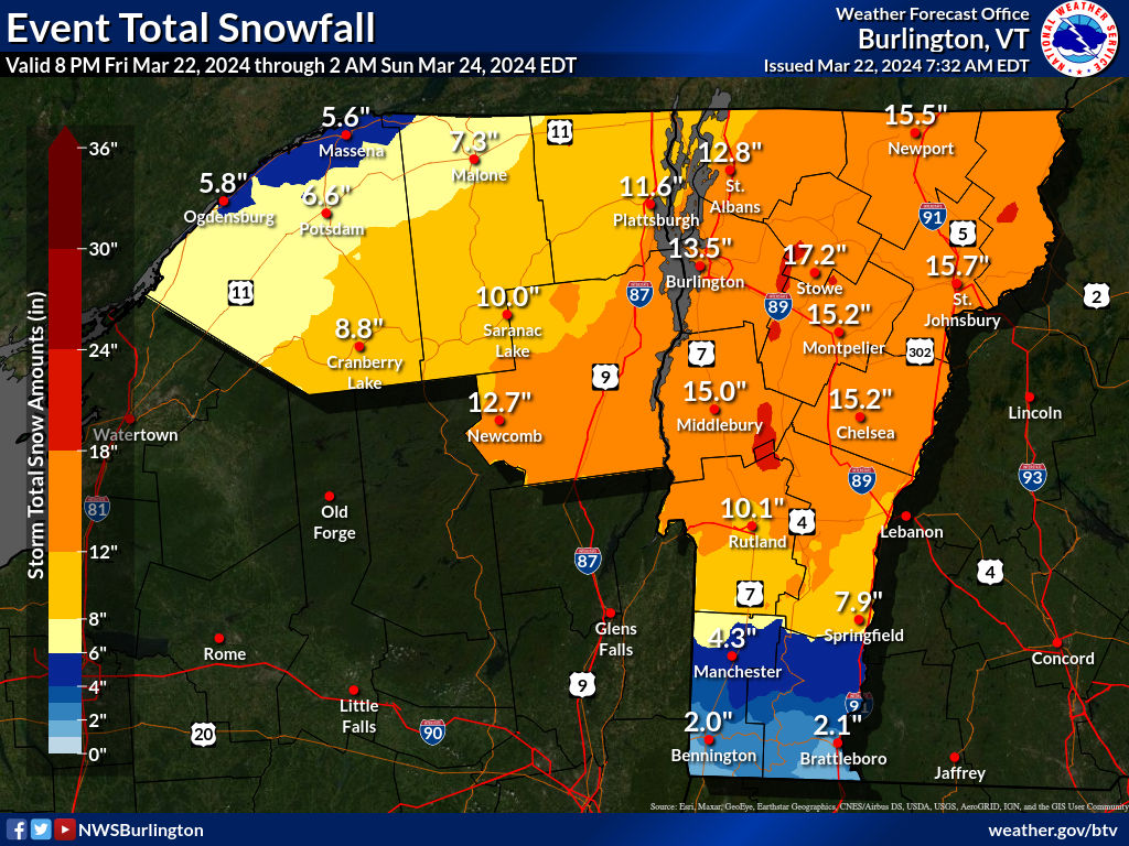 Map showingportions of Adirondacks and central to northern Vermont with color-coded areas showing total snowfall forecast from Mar. 22 thru Mar. 24 2024