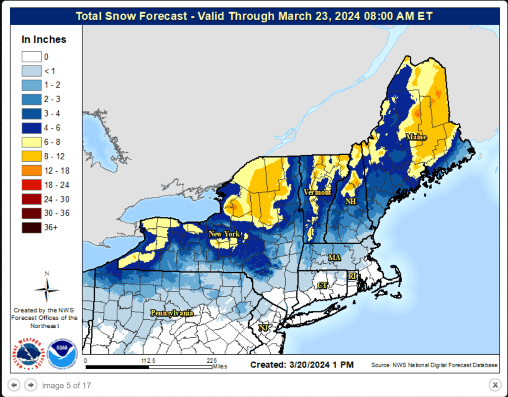 Map of northeast US with color coded areas shwoing total snowfall forecast through March 23 2023 (NWS)