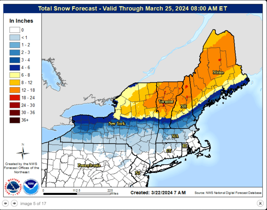 Map of northeast US with color-coded areas showing total snowfall forecast from Mar. 22 thru Mar. 25 2024