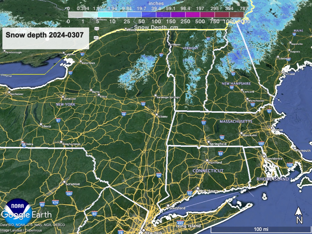 Snow depth for northeast US, visualized from NWS data in Google Earth.