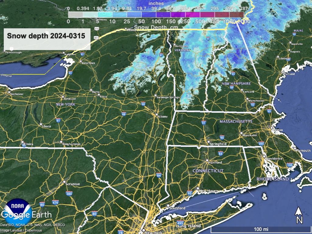 Snow depth for northeast US, visualized from NWS data in Google Earth.