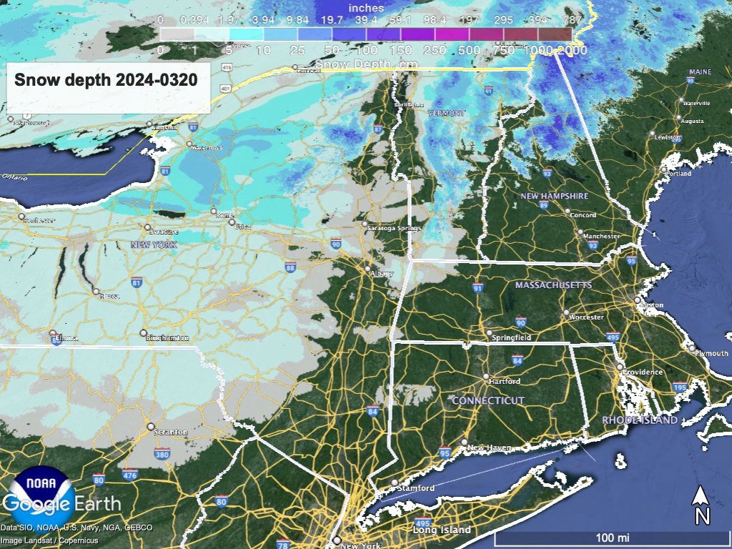 Snow depth for northeast US, visualized from NWS data in Google Earth.