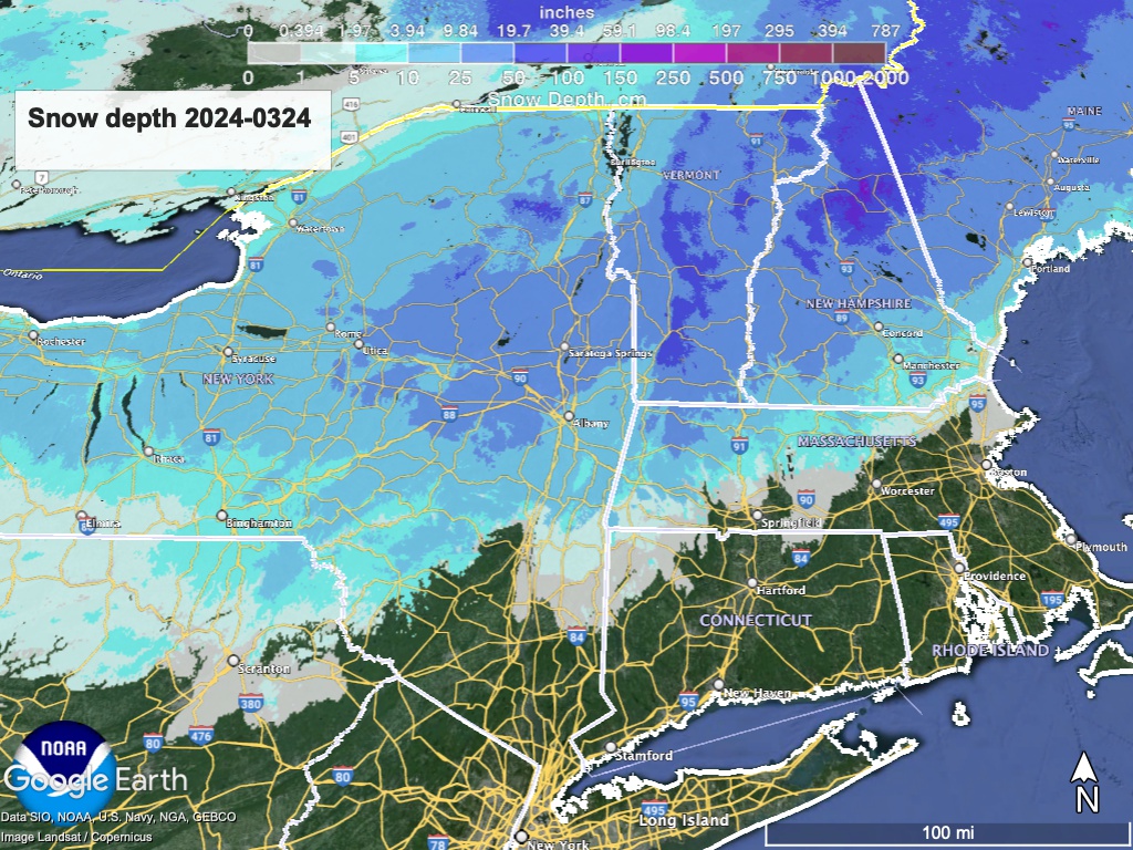 Snow depth for northeast US, visualized from NWS data in Google Earth.
