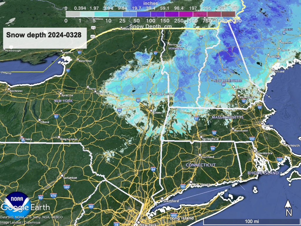 Snow depth for northeast US, visualized from NWS data in Google Earth.