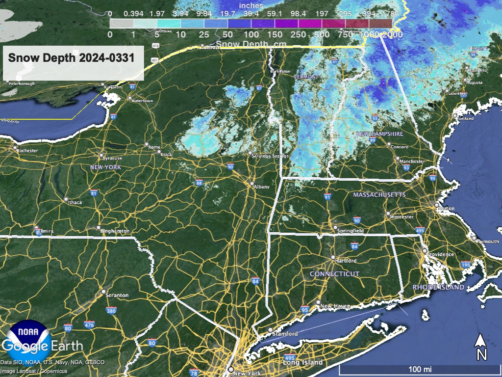 Snow depth for northeast US, visualized from NWS data in Google Earth.