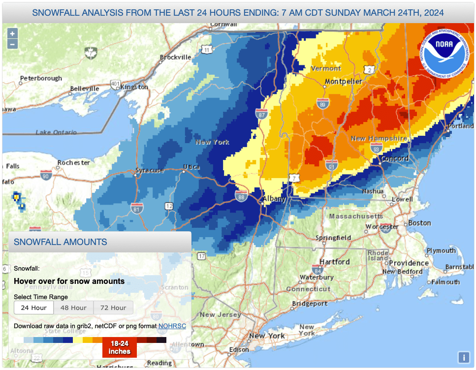 National Weather Service map of northeast US, with color coed regions for total snowfall for 24hrs ending as of Mar. 24 2024, 6am EDT.