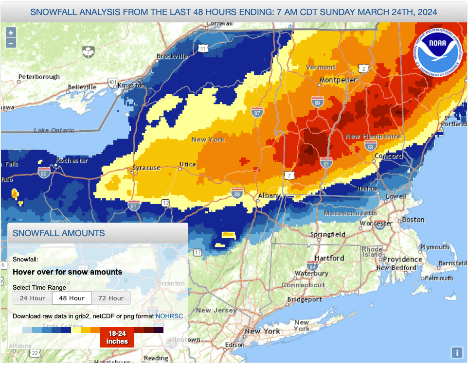 National Weather Service map of northeast US, with color coed regions for total snowfall for 24hrs ending as of Mar. 24 2024, 6am EDT.