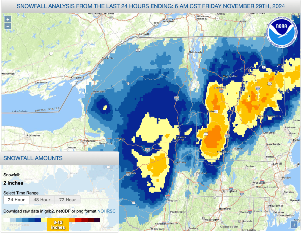 National Weather Service map of northeast US, with color coded regions for total snowfall for 24hrs ending November 29 2024, 7am EST.