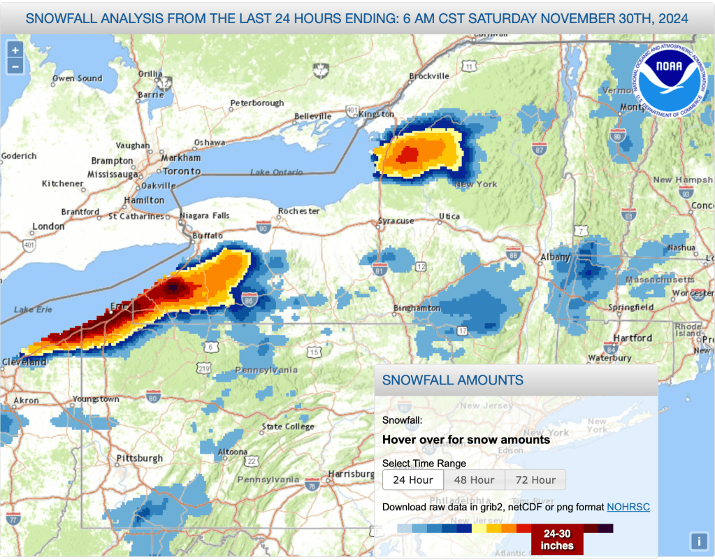 National Weather Service map of northeast US, with color coded regions for total snowfall for 24hrs ending November 30 2024, 7am EST.