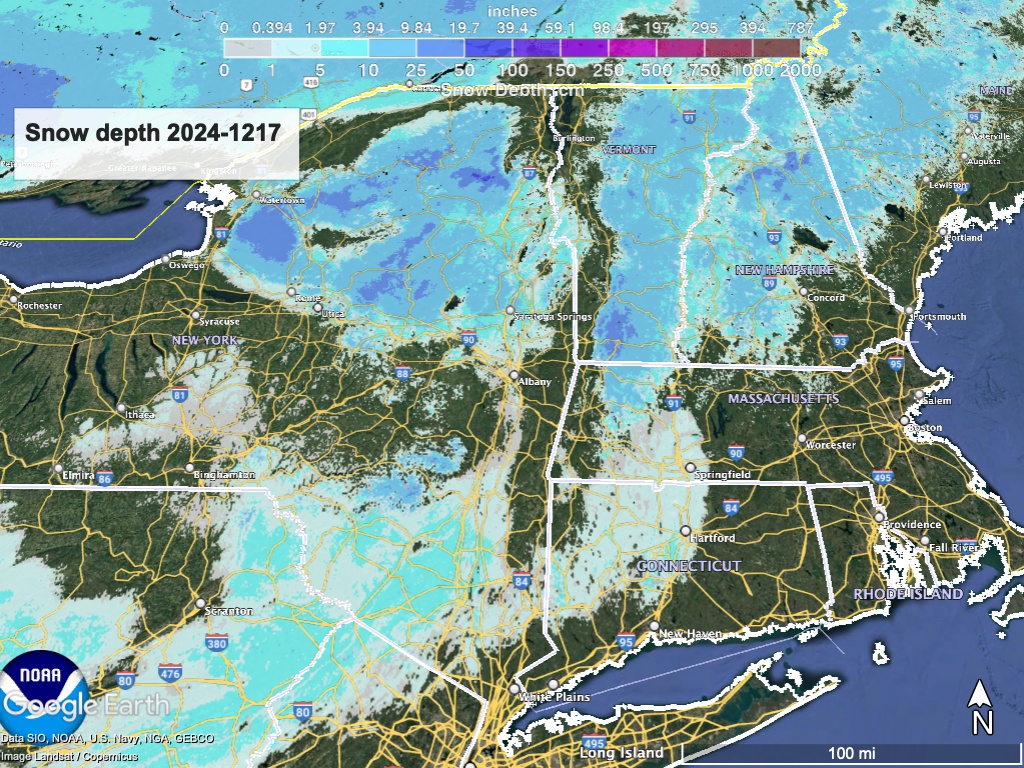Snow depth northeast US, Dec. 17 2024 (NWS)