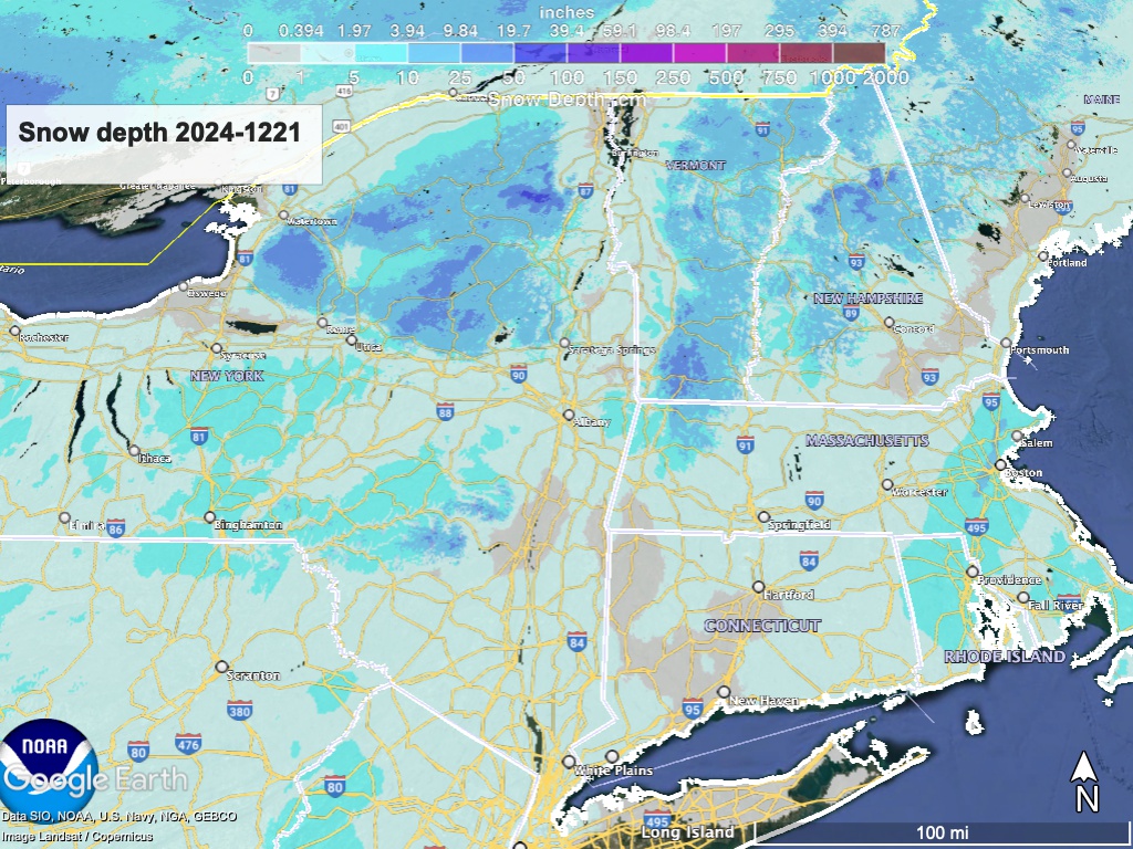 Google Earth image of norhteast US with National Weather Service overlay of  sow depth as of Dec. 21 2024