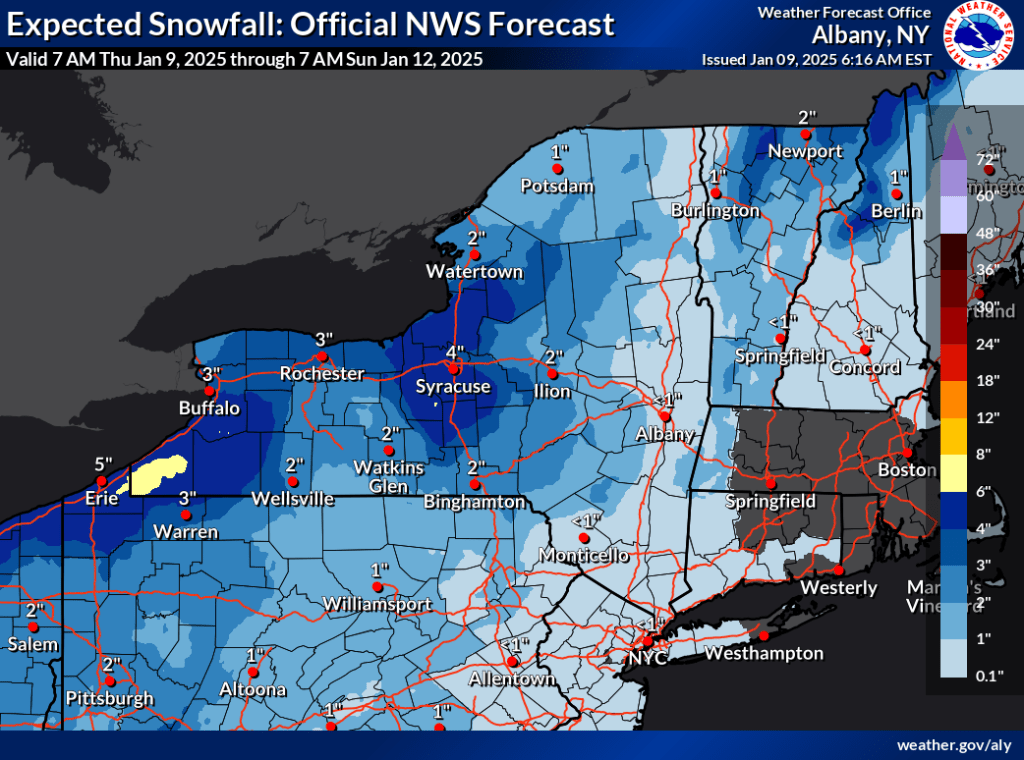 National Weather Service graphic of NY and New England other than Maine showing expected snowfall from Jan. 9 2025 to Jan. 12 2025 