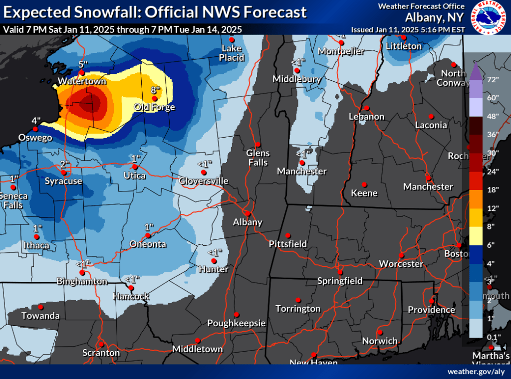 Nastional Weather Service graphic of NY and New England with expected of expected snowfall through 7pm Jan. 14 2025