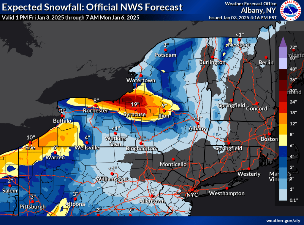 National Weather Service graphic of expeced snofall from afternoon Jan. 3 to early morning Jan. 6 2025.