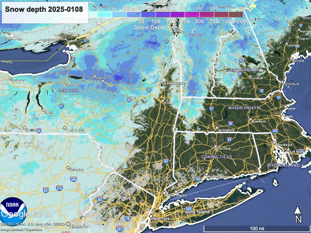 Google Earth view of northeast US with NWS overlay of Snow depth as of Jan. 8, 2025
