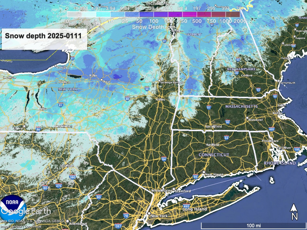 Google Earth view of northeast US with overlay of snow depth from NWS data.
