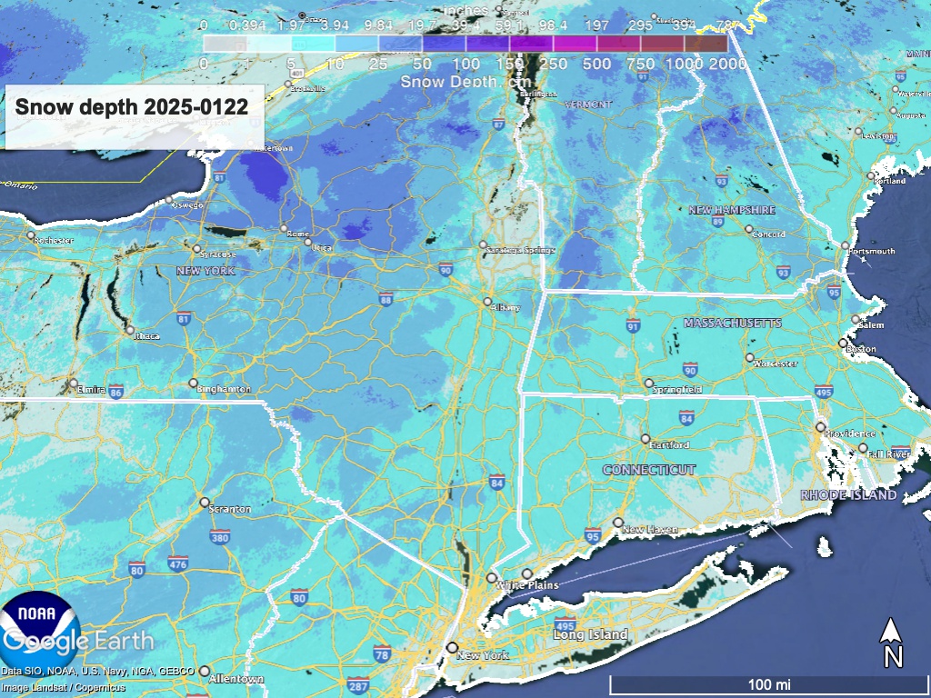 Google Earth vuew of northeast US with National Weather Service snow depth, mapped by color - as ofJan. 22 2025