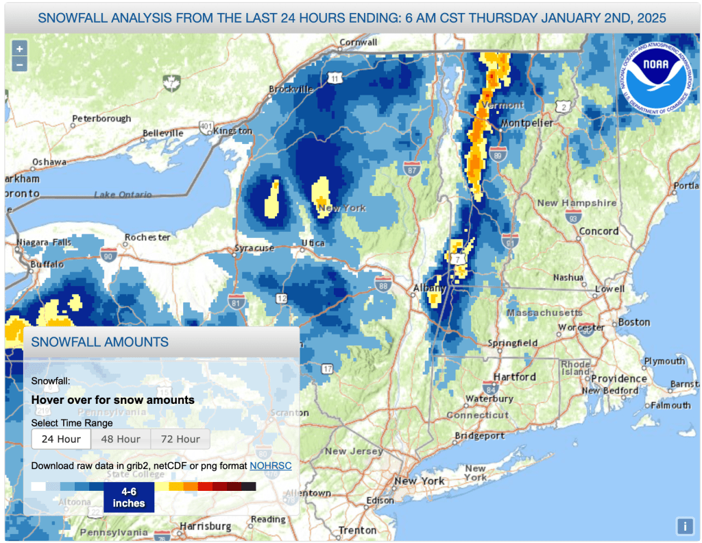 National Weather Service graphic showing total new snow on northeast US 24hrs before Thu 2025-0102 7am EST