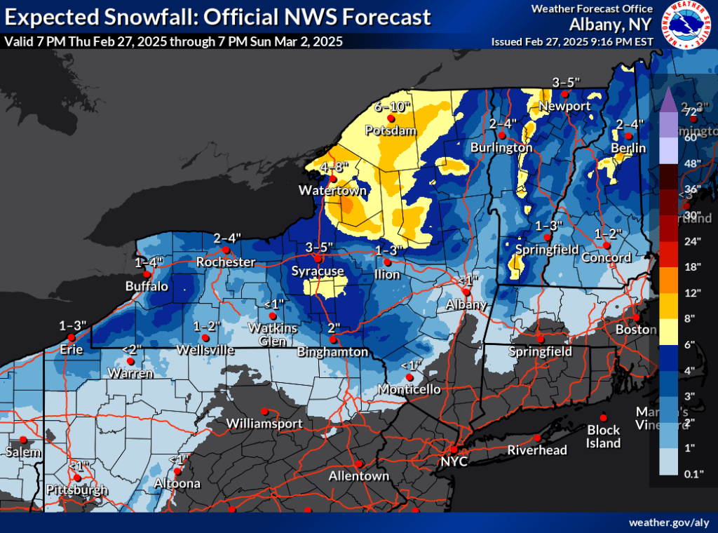 National Weather Service forecast snowfall for northeast US, from February. 27 to March 2 2025