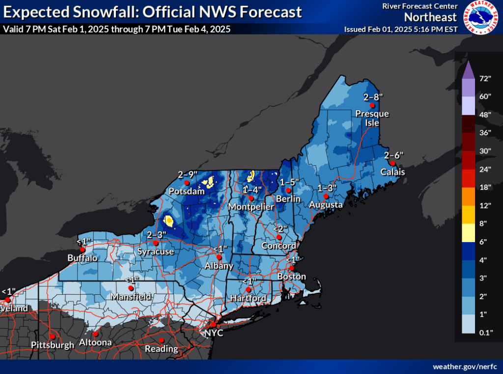Expected snowfall Feb. 1 - Feb. 4 2025 (National Weather Service)