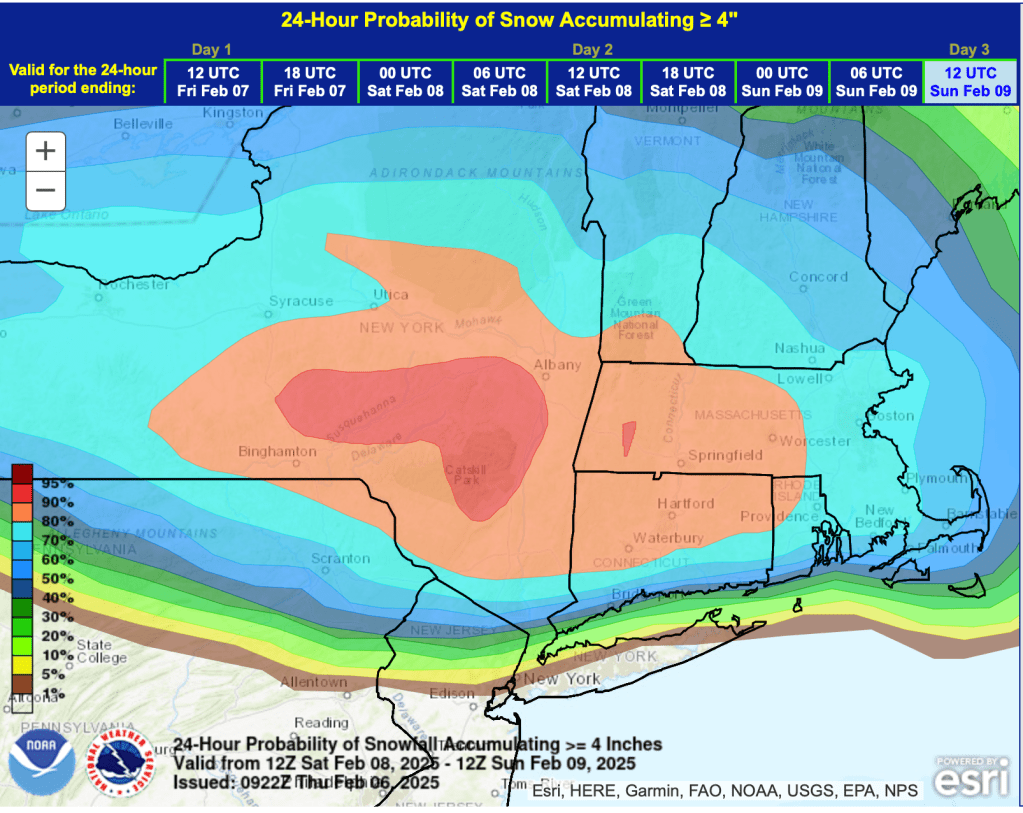 National Weather Service graphic of northeast US showing probability of more than 4" of snow in the 24 hours preceding 12noon Feb. 9 2025