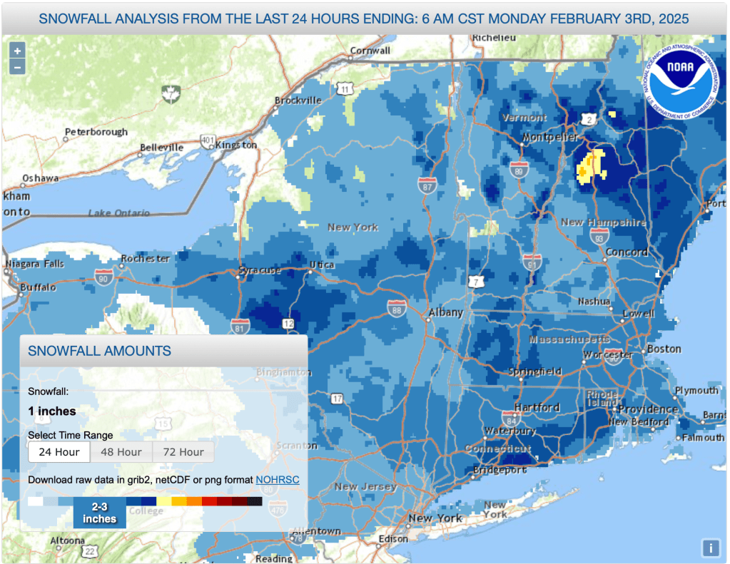 National Weather Service graphic of northeast US showing snowfall for 24hrs ending 7am EST, Feb. 3 2025