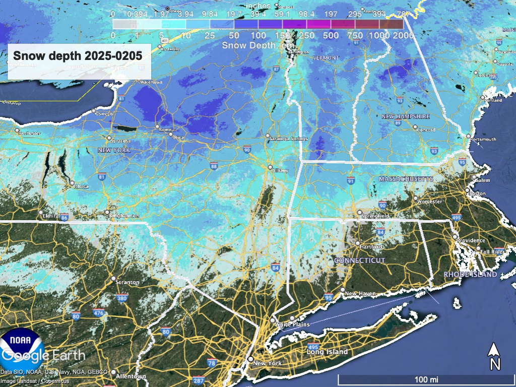Google Earth view of northeast US with Nastional Weather Service overlay showing snow depth as of February. 5 2025
