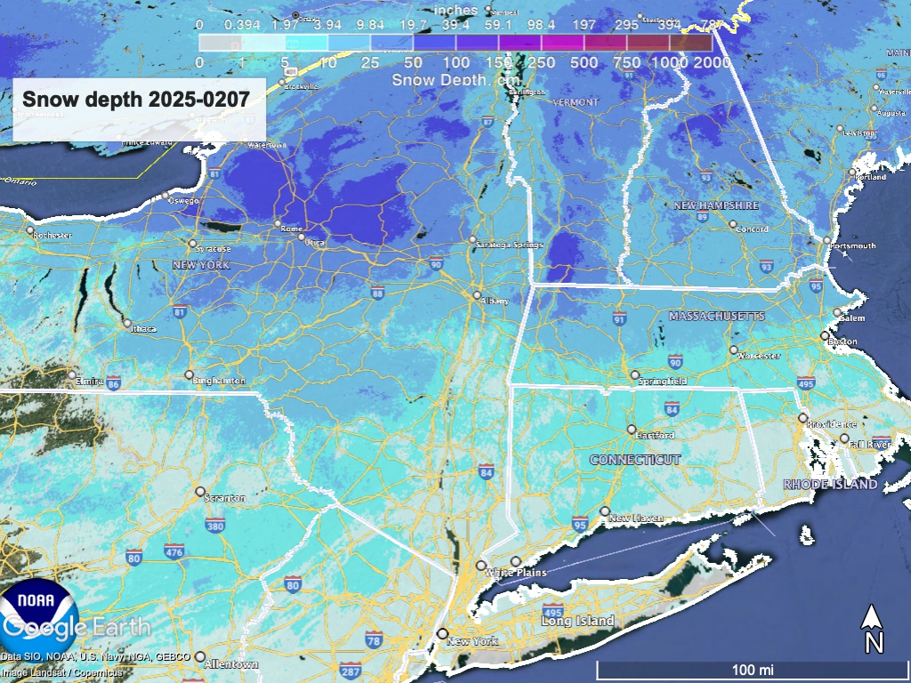 Google Earth view of northeast US with National Weather Service data overlay showing snow depth as of February. 7 2025