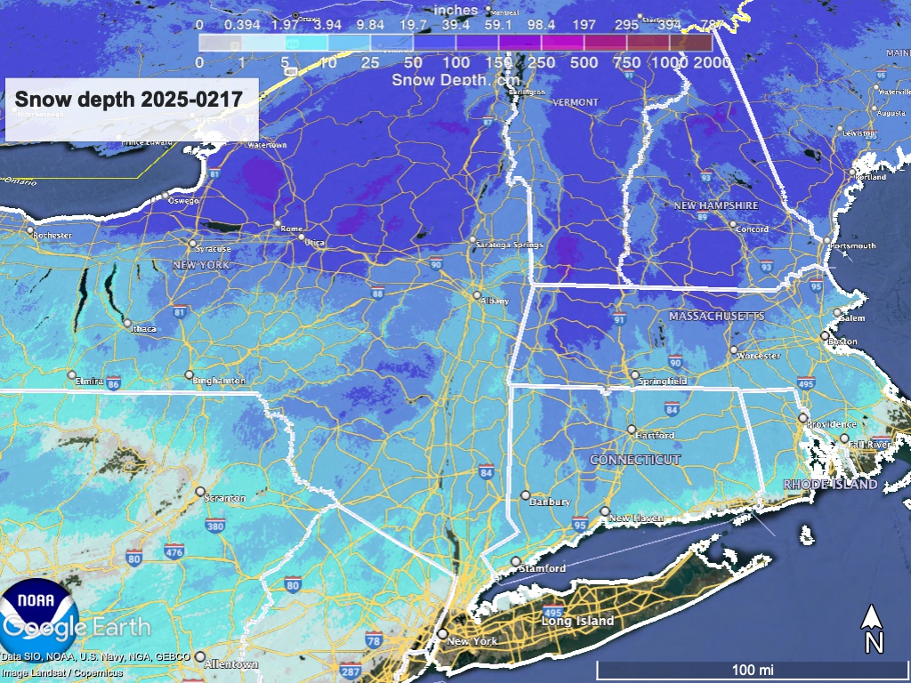 Google Earth view of northeast US showing overlay of National Weather Service snow depth as of February. 17 2025