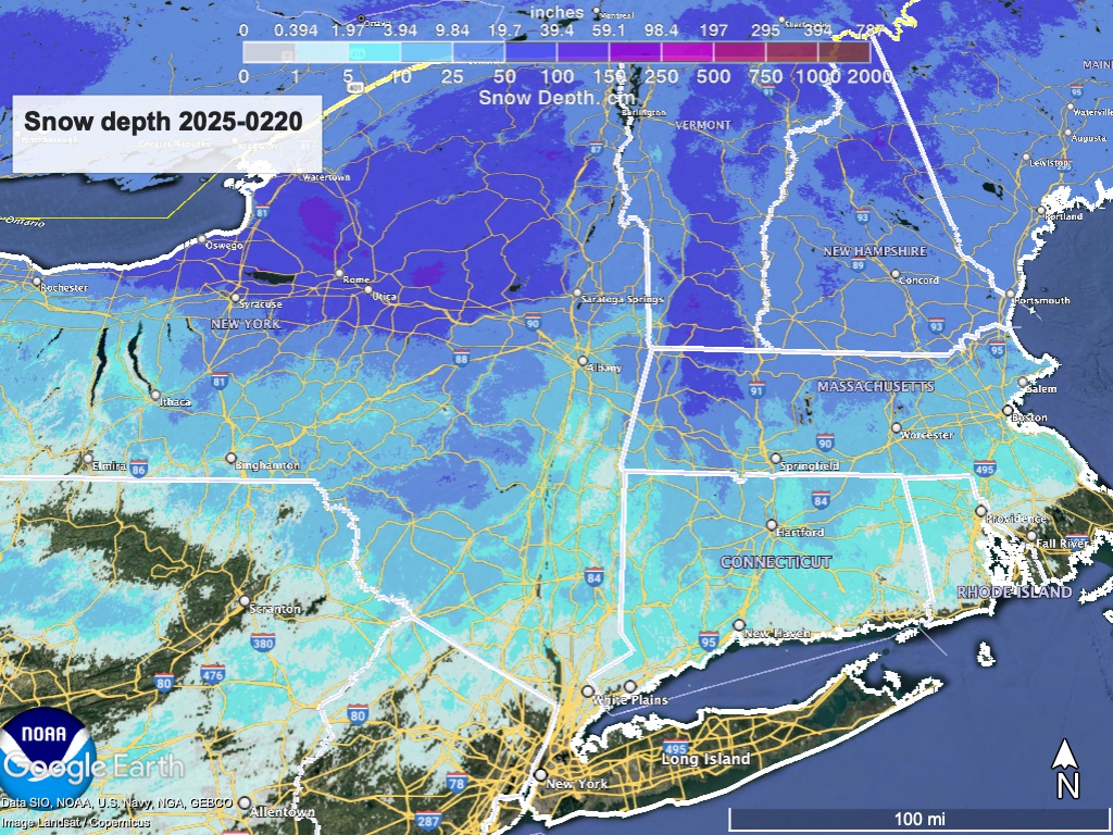 Google Earth view of northeat US with overlay of National Weather Service snow depth by shade.