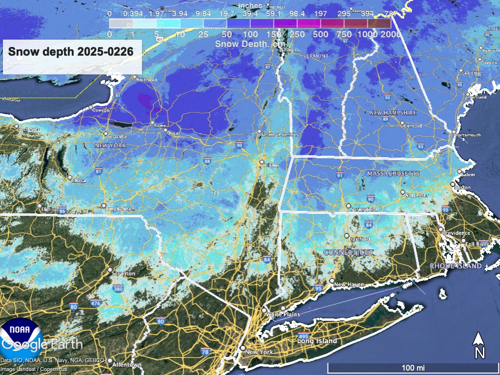 Google Earth view of northeast US with overlay showing National Weather Service snow depth as of February. 26.2025