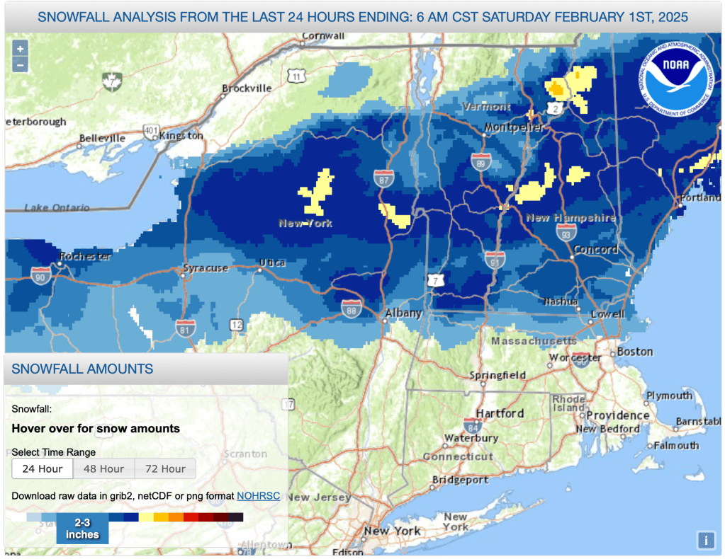 Snowfall last 24hrs ending 7am Feb. 1 2025 (National Weather Service)