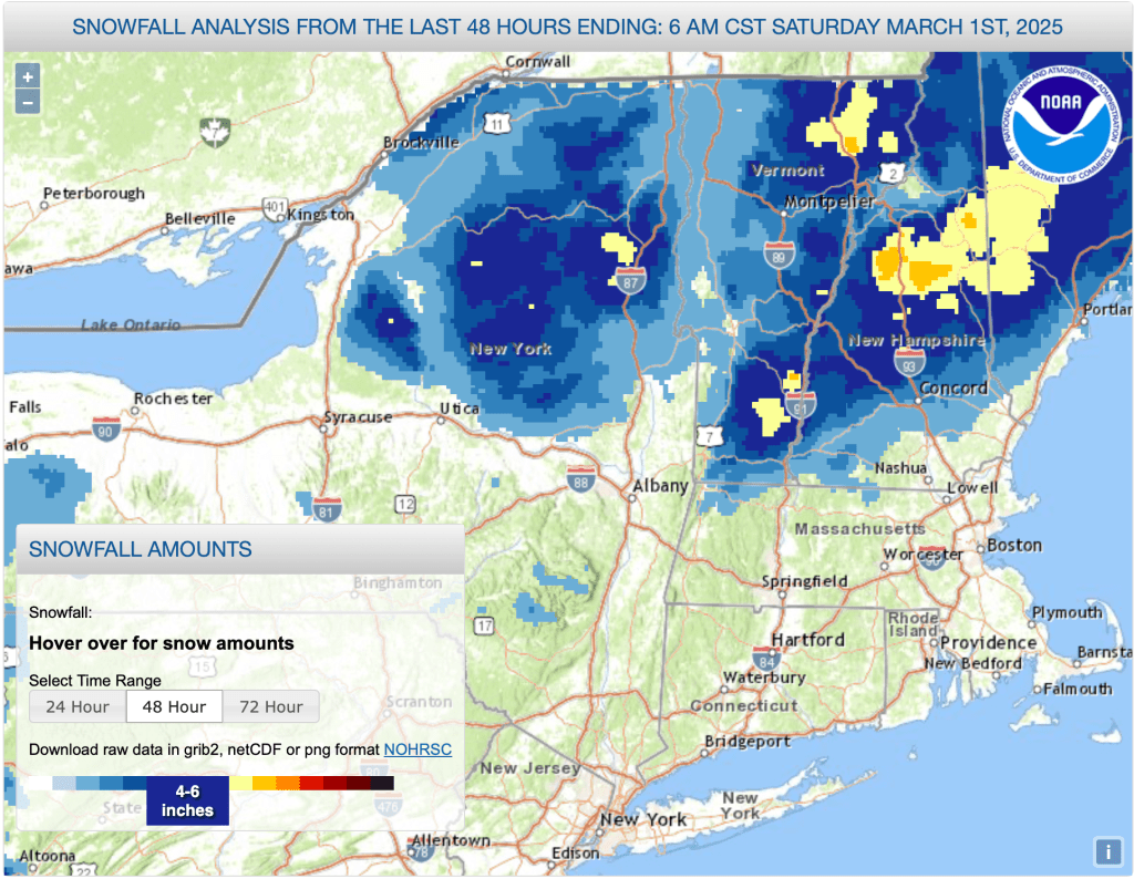 National Weather Service graphic of northeast US showing snowfall for 48hrs before 7am EST Mar. 1 2025