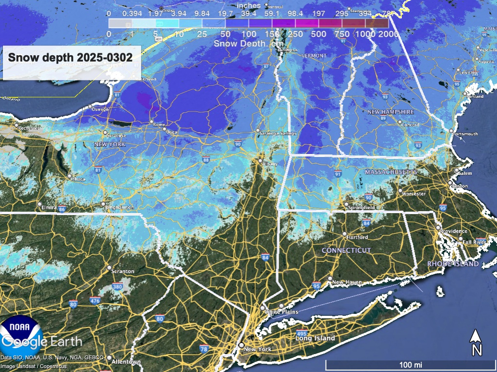 Google Earth view of northeast US with National Weather Service overlay showing snow depth as of Mar. 2 2025