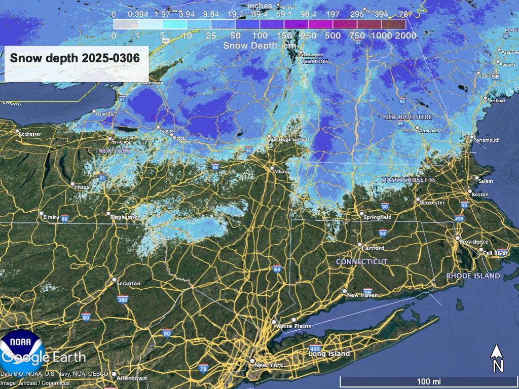 Google Earth view of northeast US, with National Weather Service overlay showing snow depth as of March. 6 2025