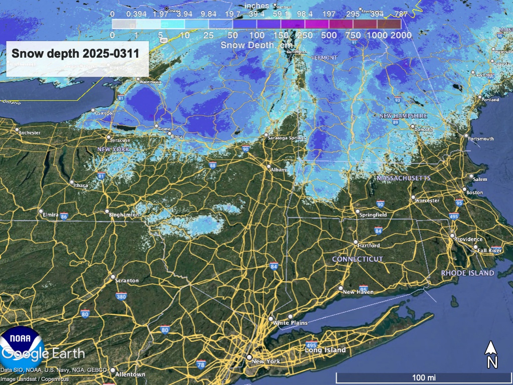 Google Earth view of northeast US with National Weather Service overlay showing snow depth as of March 11, 2025